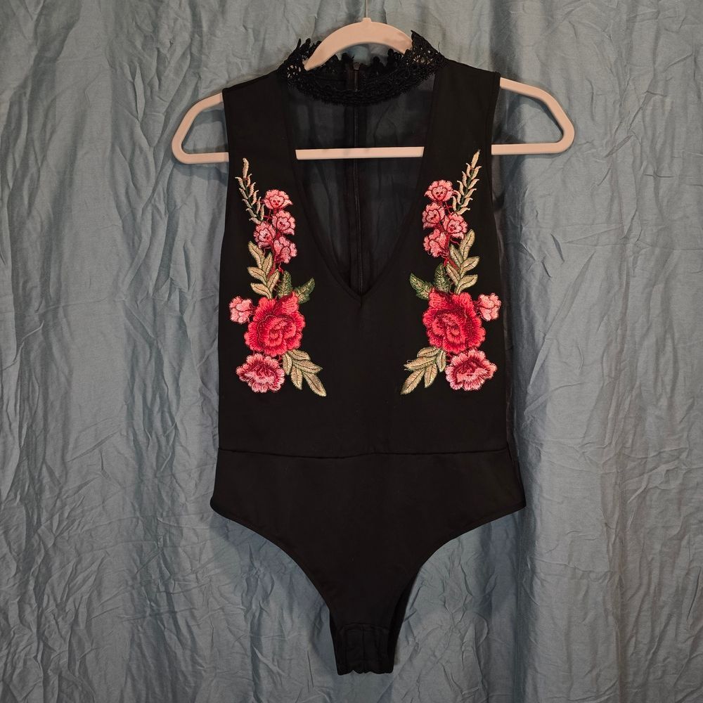 Floral Embroidered Black Bodysuit